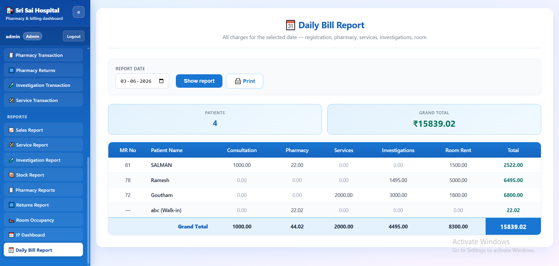 Daily bill report with consultation, pharmacy, services, investigations and room rent